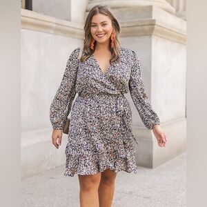 Caralyn Mirand The Drop Size 2X Navy Floral Long Sleeve Faux Wrap Front Dress